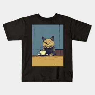 cat enjoy coffee Kids T-Shirt